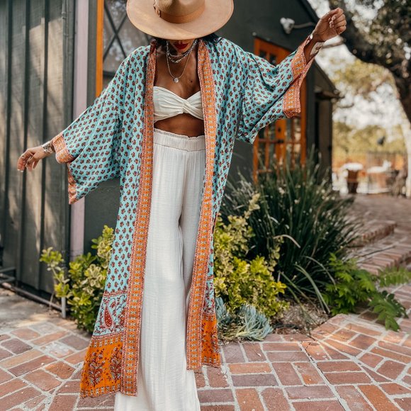 Boho Paisley Bohemian Romantic Turquoise Kimono - Picture 10 of 10
